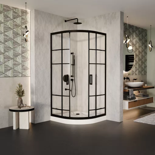 HD Dior Black 80x80 íves két tolóajtós zuhanykabin fehér magas zuhanytálcával és fekete szifonnal, fekete elemekkel, 190 cm magas