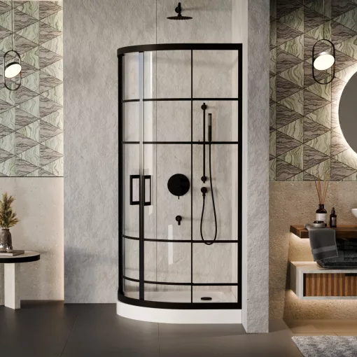 HD Dior Black 80x80 íves két tolóajtós zuhanykabin fehér magas zuhanytálcával és fekete szifonnal, fekete elemekkel, 190 cm magas