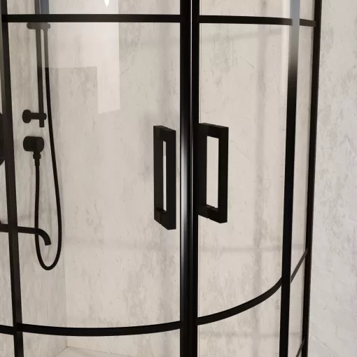 HD Dior Black 80x80 íves két tolóajtós zuhanykabin fehér magas zuhanytálcával és fekete szifonnal, fekete elemekkel, 190 cm magas