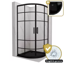 HD Dior Black 80x80 íves két tolóajtós zuhanykabin fekete slim zuhanytálcával és fekete szifonnal, fekete elemekkel, 190 cm magas
