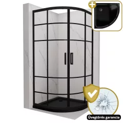   HD Dior Black 80x80 íves két tolóajtós zuhanykabin fekete slim zuhanytálcával és fekete szifonnal, fekete elemekkel, 190 cm magas