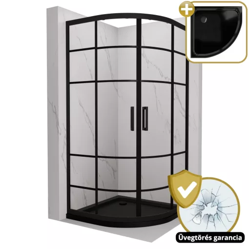 HD Dior Black 80x80 íves két tolóajtós zuhanykabin fekete slim zuhanytálcával és fekete szifonnal, fekete elemekkel, 190 cm magas