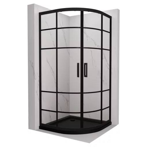 HD Dior Black 80x80 íves két tolóajtós zuhanykabin fekete slim zuhanytálcával és fekete szifonnal, fekete elemekkel, 190 cm magas