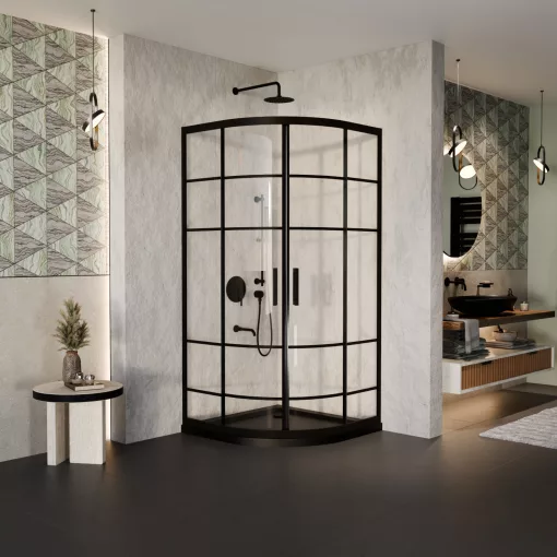 HD Dior Black 80x80 íves két tolóajtós zuhanykabin fekete slim zuhanytálcával és fekete szifonnal, fekete elemekkel, 190 cm magas