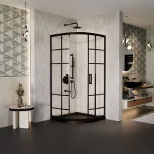 HD Dior Black 80x80 íves két tolóajtós zuhanykabin fekete slim zuhanytálcával és fekete szifonnal, fekete elemekkel, 190 cm magas