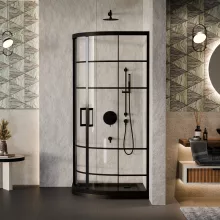 HD Dior Black 80x80 íves két tolóajtós zuhanykabin fekete slim zuhanytálcával és fekete szifonnal, fekete elemekkel, 190 cm magas