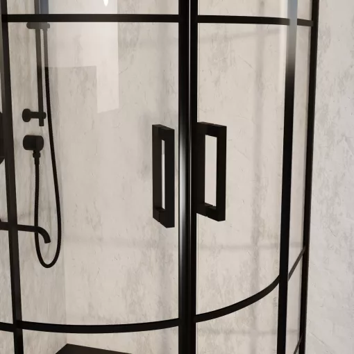 HD Dior Black 80x80 íves két tolóajtós zuhanykabin fekete slim zuhanytálcával és fekete szifonnal, fekete elemekkel, 190 cm magas