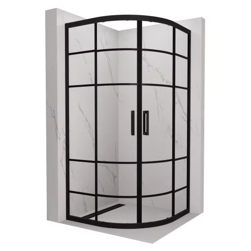 HD Dior Black 80x80 íves két tolóajtós zuhanykabin 6 mm vastag vízlepergető biztonsági üveggel, fekete elemekkel, 190 cm magas