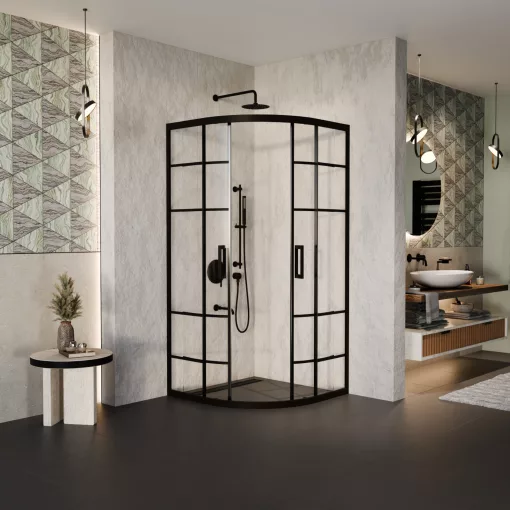 HD Dior Black 80x80 íves két tolóajtós zuhanykabin 6 mm vastag vízlepergető biztonsági üveggel, fekete elemekkel, 190 cm magas