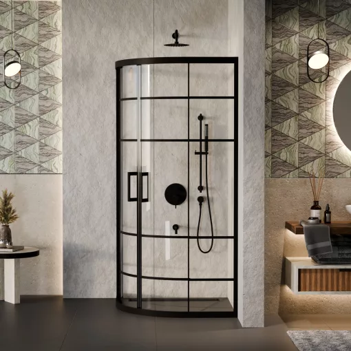 HD Dior Black 80x80 íves két tolóajtós zuhanykabin 6 mm vastag vízlepergető biztonsági üveggel, fekete elemekkel, 190 cm magas