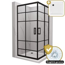HD Dior Black 100x100 szögletes két tolóajtós zuhanykabin fehér slim zuhanytálcával és fekete szifonnal, fekete elemekkel, 190 cm magas