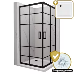   HD Dior Black szögletes két tolóajtós zuhanykabin fehér slim zuhanytálcával és fekete szifonnal, fekete elemekkel, 190 cm magas