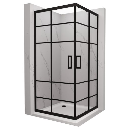 HD Dior Black 100x100 szögletes két tolóajtós zuhanykabin fehér slim zuhanytálcával és fekete szifonnal, fekete elemekkel, 190 cm magas