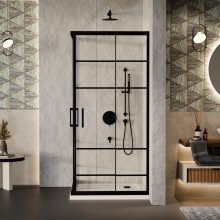 HD Dior Black 100x100 szögletes két tolóajtós zuhanykabin fehér slim zuhanytálcával és fekete szifonnal, fekete elemekkel, 190 cm magas