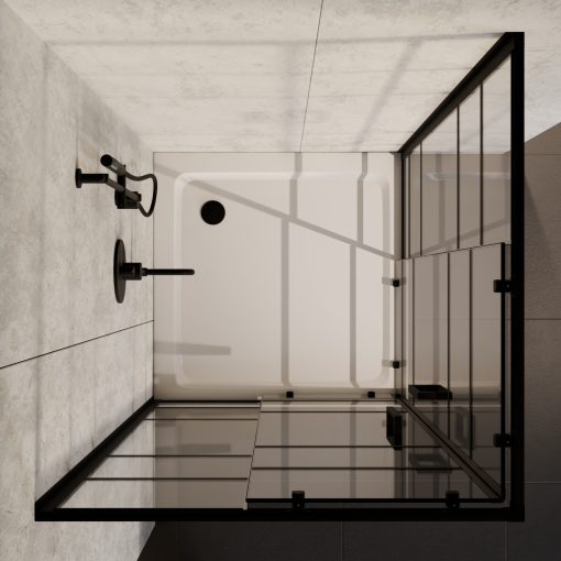 HD Dior Black 100x100 szögletes két tolóajtós zuhanykabin fehér slim zuhanytálcával és fekete szifonnal, fekete elemekkel, 190 cm magas