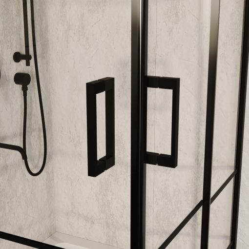 HD Dior Black 100x100 szögletes két tolóajtós zuhanykabin fehér slim zuhanytálcával és fekete szifonnal, fekete elemekkel, 190 cm magas