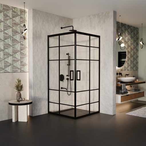 HD Dior Black 100x100 szögletes két tolóajtós zuhanykabin 6 mm vastag vízlepergető biztonsági üveggel, fekete elemekkel, 190 cm magas