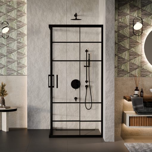 HD Dior Black 100x100 szögletes két tolóajtós zuhanykabin 6 mm vastag vízlepergető biztonsági üveggel, fekete elemekkel, 190 cm magas