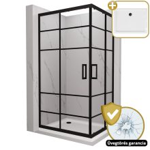 HD Dior Black aszimmetrikus szögletes két tolóajtós zuhanykabin fehér slim zuhanytálcával és fekete szifonnal, fekete elemekkel, 190 cm magas