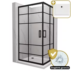   HD Dior Black aszimmetrikus szögletes két tolóajtós zuhanykabin fehér slim zuhanytálcával és fekete szifonnal, fekete elemekkel, 190 cm magas