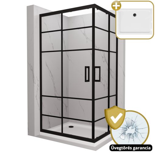 HD Dior Black aszimmetrikus szögletes két tolóajtós zuhanykabin fehér slim zuhanytálcával és fekete szifonnal, fekete elemekkel, 190 cm magas