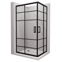 HD Dior Black aszimmetrikus szögletes két tolóajtós zuhanykabin fehér slim zuhanytálcával és fekete szifonnal, fekete elemekkel, 190 cm magas