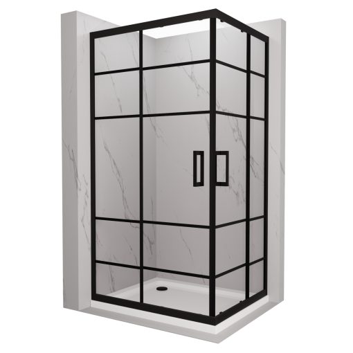 HD Dior Black aszimmetrikus szögletes két tolóajtós zuhanykabin fehér slim zuhanytálcával és fekete szifonnal, fekete elemekkel, 190 cm magas