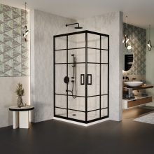 HD Dior Black aszimmetrikus szögletes két tolóajtós zuhanykabin fehér slim zuhanytálcával és fekete szifonnal, fekete elemekkel, 190 cm magas