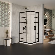 HD Dior Black aszimmetrikus szögletes két tolóajtós zuhanykabin fehér slim zuhanytálcával és fekete szifonnal, fekete elemekkel, 190 cm magas