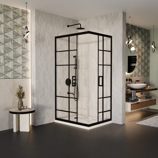 HD Dior Black aszimmetrikus szögletes két tolóajtós zuhanykabin fehér slim zuhanytálcával és fekete szifonnal, fekete elemekkel, 190 cm magas