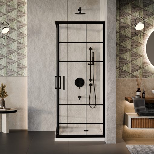 HD Dior Black aszimmetrikus szögletes két tolóajtós zuhanykabin fehér slim zuhanytálcával és fekete szifonnal, fekete elemekkel, 190 cm magas