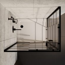 HD Dior Black aszimmetrikus szögletes két tolóajtós zuhanykabin fehér slim zuhanytálcával és fekete szifonnal, fekete elemekkel, 190 cm magas