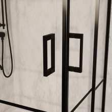 HD Dior Black aszimmetrikus szögletes két tolóajtós zuhanykabin fehér slim zuhanytálcával és fekete szifonnal, fekete elemekkel, 190 cm magas