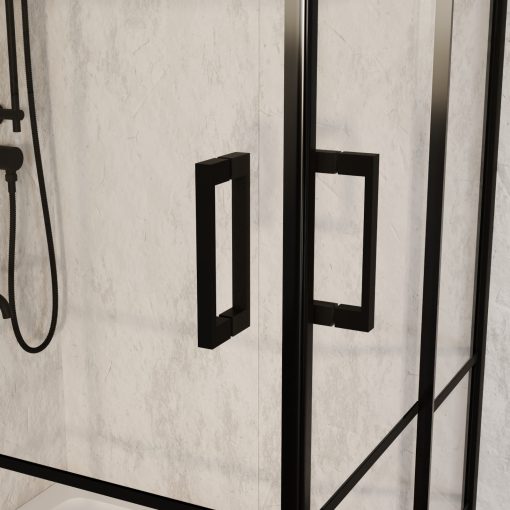 HD Dior Black aszimmetrikus szögletes két tolóajtós zuhanykabin fehér slim zuhanytálcával és fekete szifonnal, fekete elemekkel, 190 cm magas