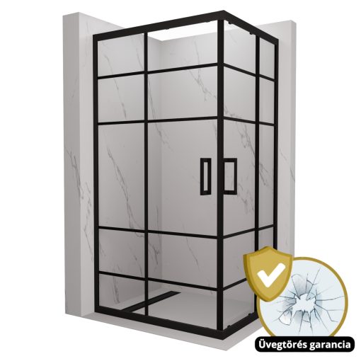 HD Dior Black aszimmetrikus szögletes két tolóajtós zuhanykabin 6 mm vastag vízlepergető biztonsági üveggel, fekete elemekkel, 190 cm magas