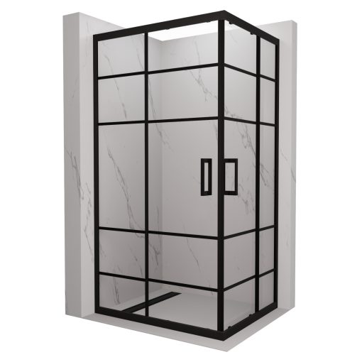 HD Dior Black aszimmetrikus szögletes két tolóajtós zuhanykabin 6 mm vastag vízlepergető biztonsági üveggel, fekete elemekkel, 190 cm magas