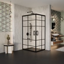 HD Dior Black aszimmetrikus szögletes két tolóajtós zuhanykabin 6 mm vastag vízlepergető biztonsági üveggel, fekete elemekkel, 190 cm magas