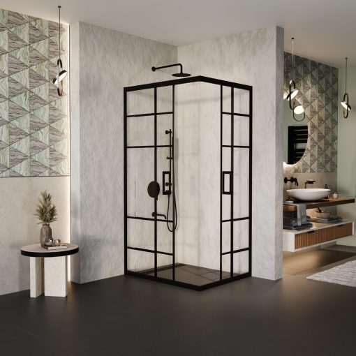 HD Dior Black aszimmetrikus szögletes két tolóajtós zuhanykabin 6 mm vastag vízlepergető biztonsági üveggel, fekete elemekkel, 190 cm magas