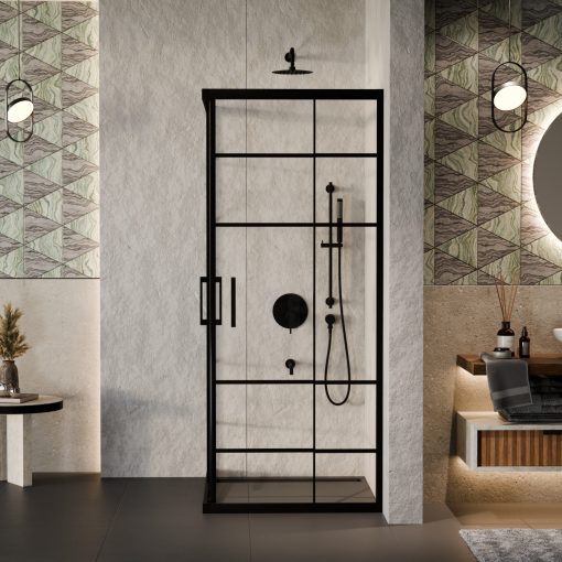 HD Dior Black aszimmetrikus szögletes két tolóajtós zuhanykabin 6 mm vastag vízlepergető biztonsági üveggel, fekete elemekkel, 190 cm magas