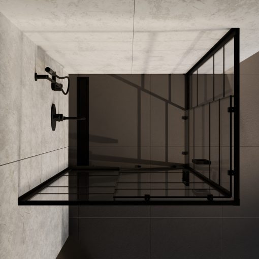 HD Dior Black aszimmetrikus szögletes két tolóajtós zuhanykabin 6 mm vastag vízlepergető biztonsági üveggel, fekete elemekkel, 190 cm magas