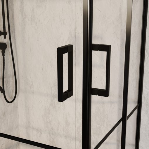 HD Dior Black aszimmetrikus szögletes két tolóajtós zuhanykabin 6 mm vastag vízlepergető biztonsági üveggel, fekete elemekkel, 190 cm magas