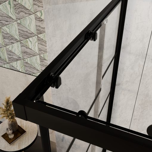 HD Dior Black aszimmetrikus szögletes két tolóajtós zuhanykabin 6 mm vastag vízlepergető biztonsági üveggel, fekete elemekkel, 190 cm magas