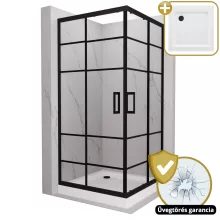 HD Dior Black 80x80 szögletes két tolóajtós zuhanykabin fehér magas zuhanytálcával és fekete szifonnal, fekete elemekkel, 190 cm magas