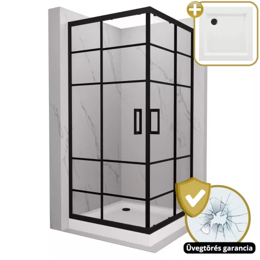 HD Dior Black 80x80 szögletes két tolóajtós zuhanykabin fehér magas zuhanytálcával és fekete szifonnal, fekete elemekkel, 190 cm magas