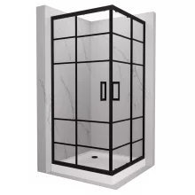 HD Dior Black 80x80 szögletes két tolóajtós zuhanykabin fehér magas zuhanytálcával és fekete szifonnal, fekete elemekkel, 190 cm magas