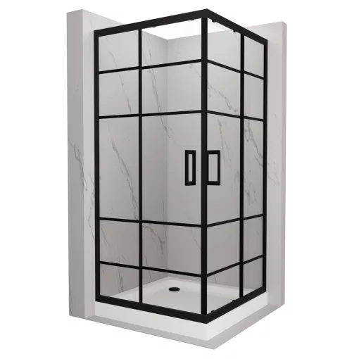 HD Dior Black 80x80 szögletes két tolóajtós zuhanykabin fehér magas zuhanytálcával és fekete szifonnal, fekete elemekkel, 190 cm magas