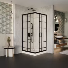 HD Dior Black 80x80 szögletes két tolóajtós zuhanykabin fehér magas zuhanytálcával és fekete szifonnal, fekete elemekkel, 190 cm magas