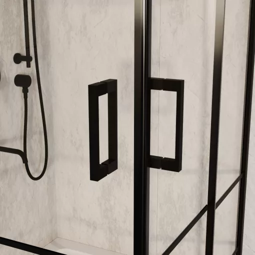 HD Dior Black 80x80 szögletes két tolóajtós zuhanykabin fehér magas zuhanytálcával és fekete szifonnal, fekete elemekkel, 190 cm magas