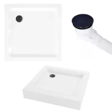 HD Dior Black 80x80 szögletes két tolóajtós zuhanykabin fehér magas zuhanytálcával és fekete szifonnal, fekete elemekkel, 190 cm magas