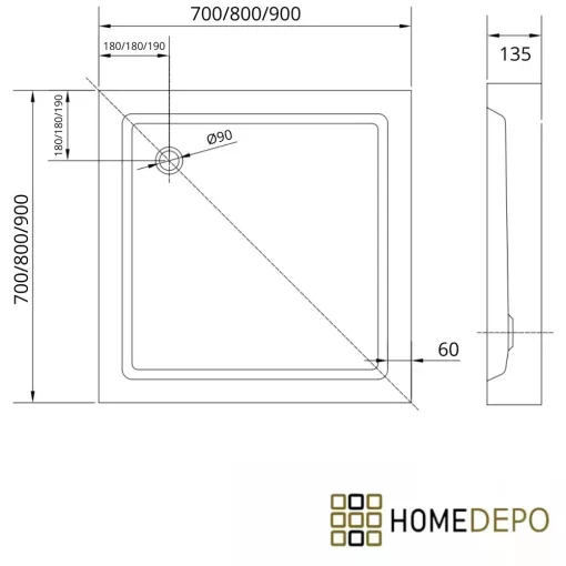 HD Dior Black 80x80 szögletes két tolóajtós zuhanykabin fehér magas zuhanytálcával és fekete szifonnal, fekete elemekkel, 190 cm magas